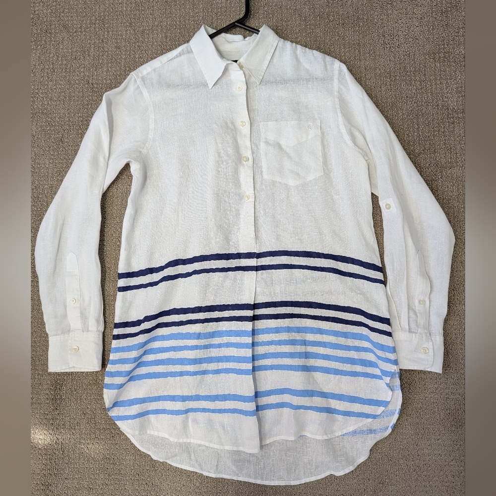 Lauren Ralph Lauren 100% Linen Popover Tunic Top Blue White Stripe M Nautical
